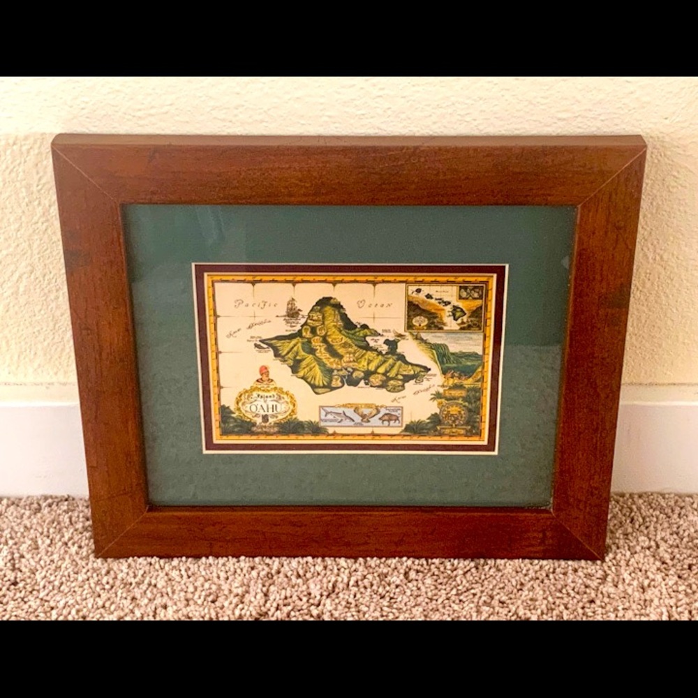 Vintage Island of O’ahu Matted Artwork & Frame